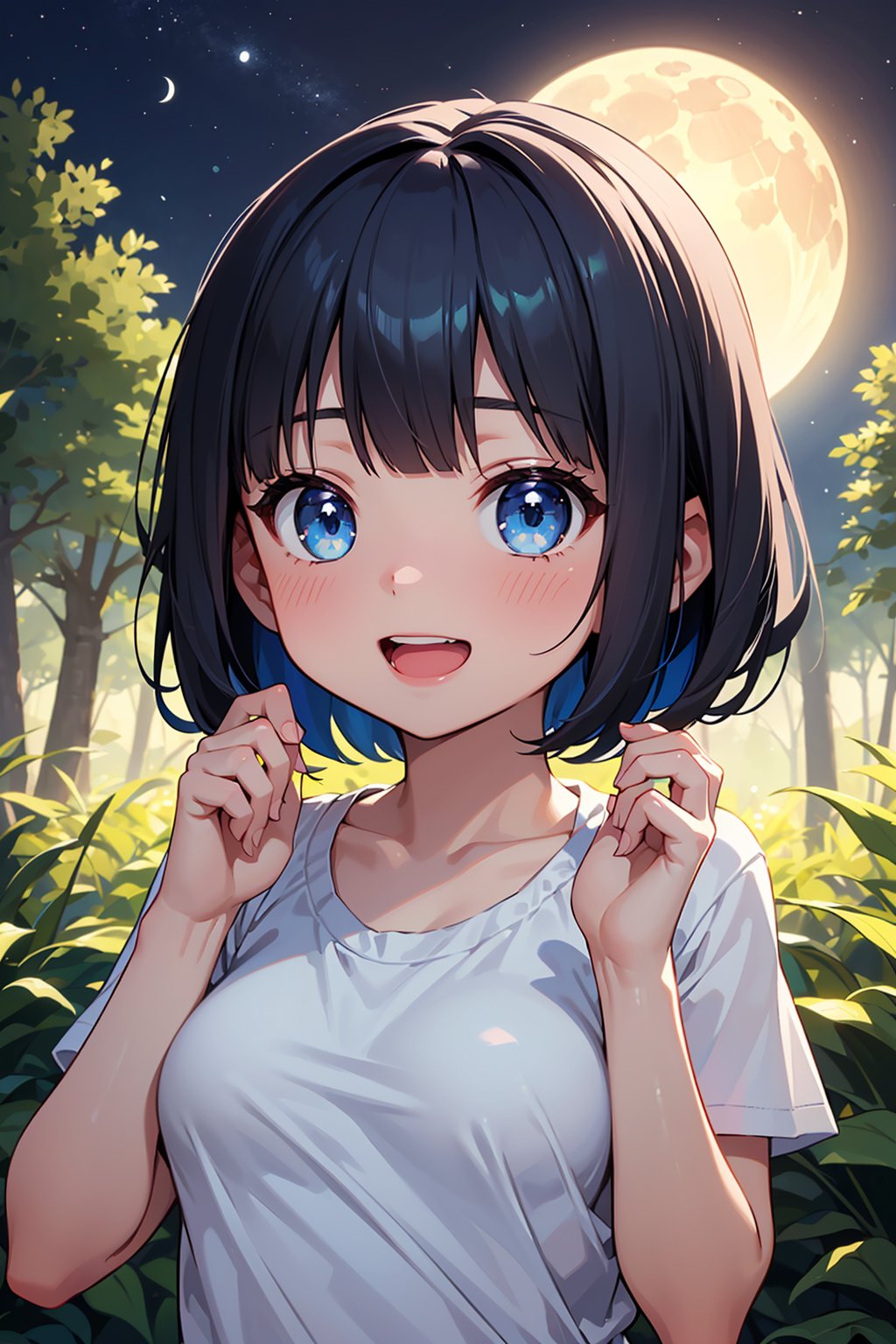 ((masterpiece, best quality, ultra-detailed, very fine 8KCG wallpapers)), 1girl, solo, kawaii, petite, short hair, blue hair, straight hair, blue eyes, t-shirt, open mouth, large breasts, light smile, blunt bangs, portrait, forest, night, moon, nice hands, perfect hands,