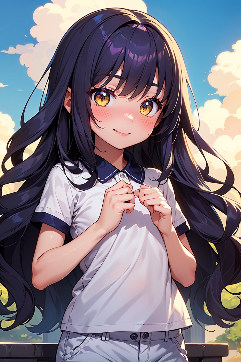 ((masterpiece, best quality, ultra-detailed, very fine 8KCG wallpapers)), 1girl, solo, kawaii, petite, long hair, wavy hair, purple hair, yellow eyes, nose blush, seductive smile, pants, portrait, blue sky, nice hands, perfect hands,