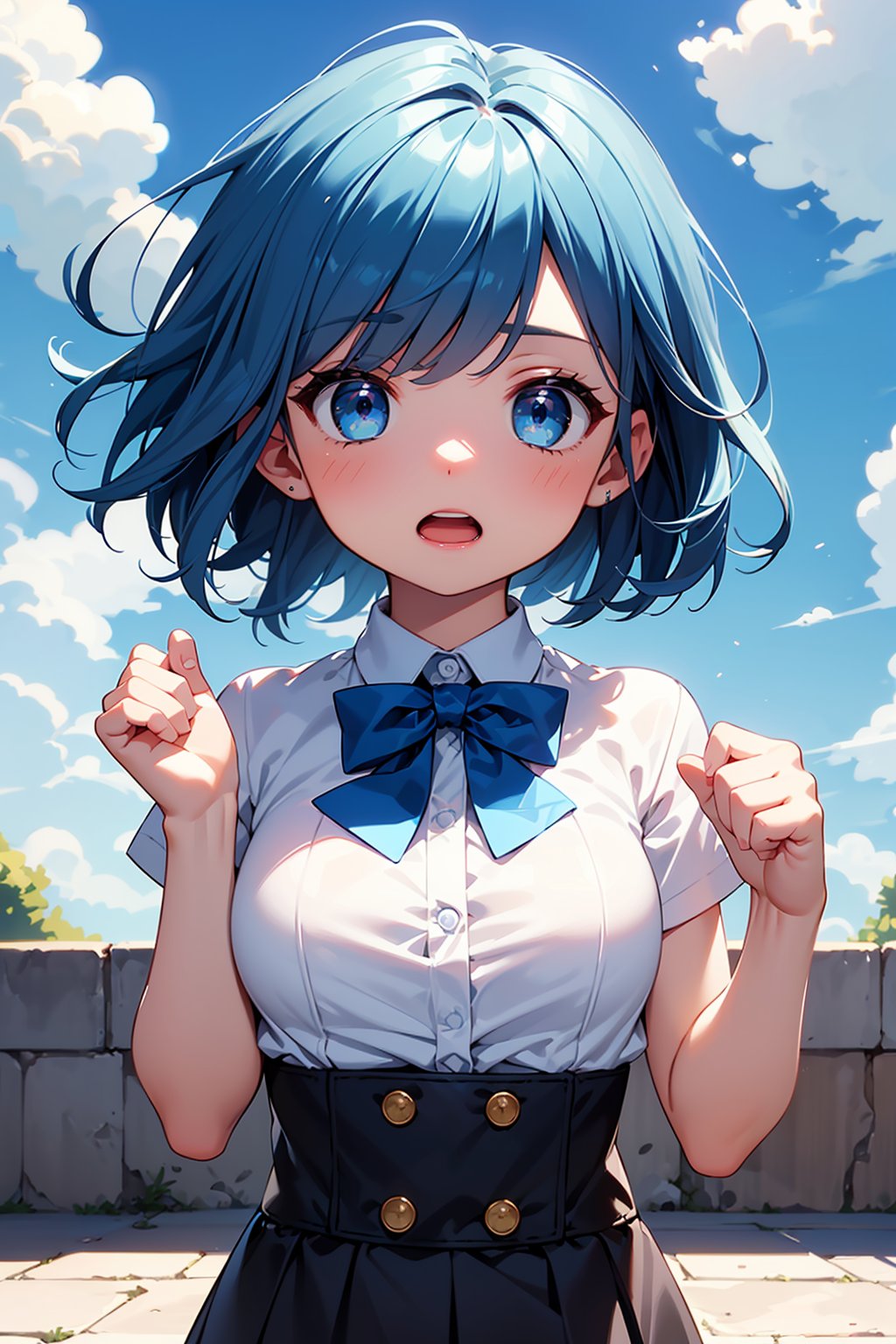 ((masterpiece, best quality, ultra-detailed, very fine 8KCG wallpapers)), 1girl, solo, kawaii, petite, short hair, blue hair, straight hair, blue eyes, white shirt, open mouth, bowtie, large breasts, button gap, blank eyes, blue sky, wind, nice hands, perfect hands,