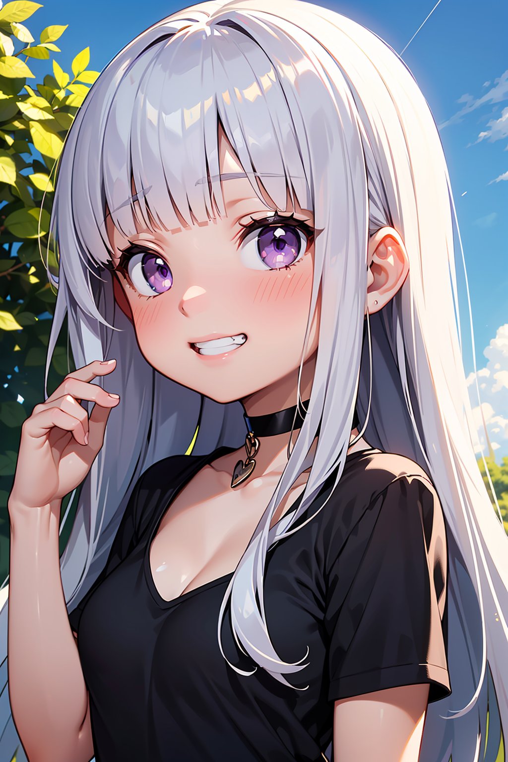 ((masterpiece, best quality, ultra-detailed, very fine 8KCG wallpapers)), 1girl, solo, kawaii, petite, long hair, straight hair, silver hair, purple eyes, blunt bangs, large breasts, black t-shirt, choker, grin, portrait, blue sky, wind, leaf, nice hands, perfect hands,