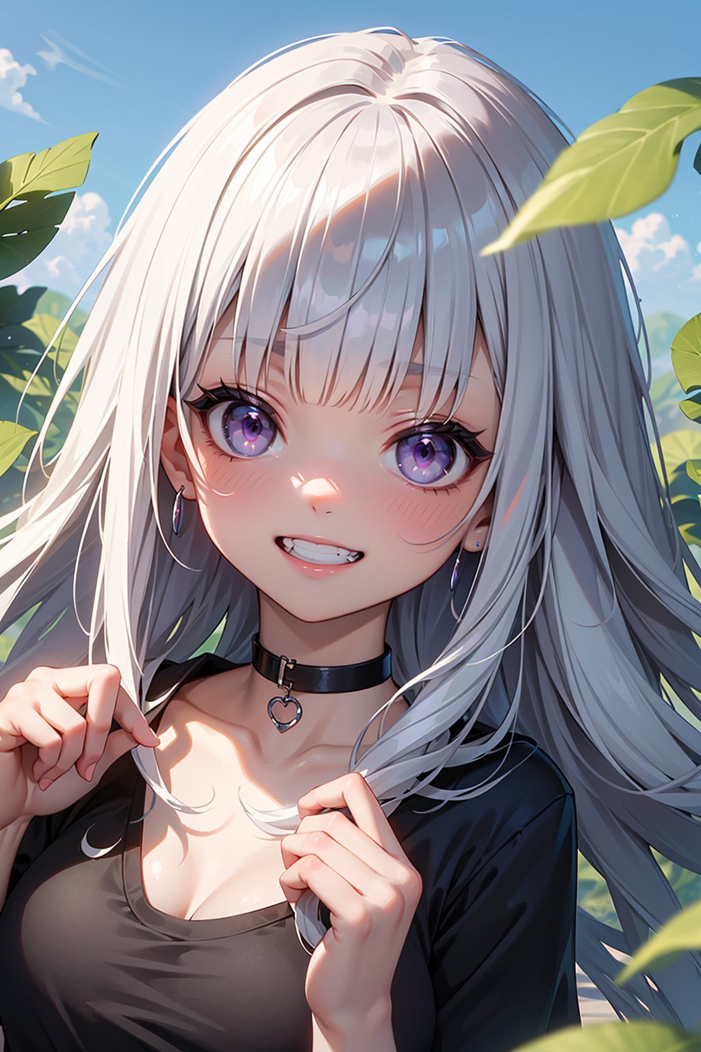 ((masterpiece, best quality, ultra-detailed, very fine 8KCG wallpapers)), 1girl, solo, kawaii, petite, long hair, straight hair, silver hair, purple eyes, blunt bangs, large breasts, black t-shirt, choker, grin, portrait, blue sky, wind, leaf, nice hands, perfect hands,