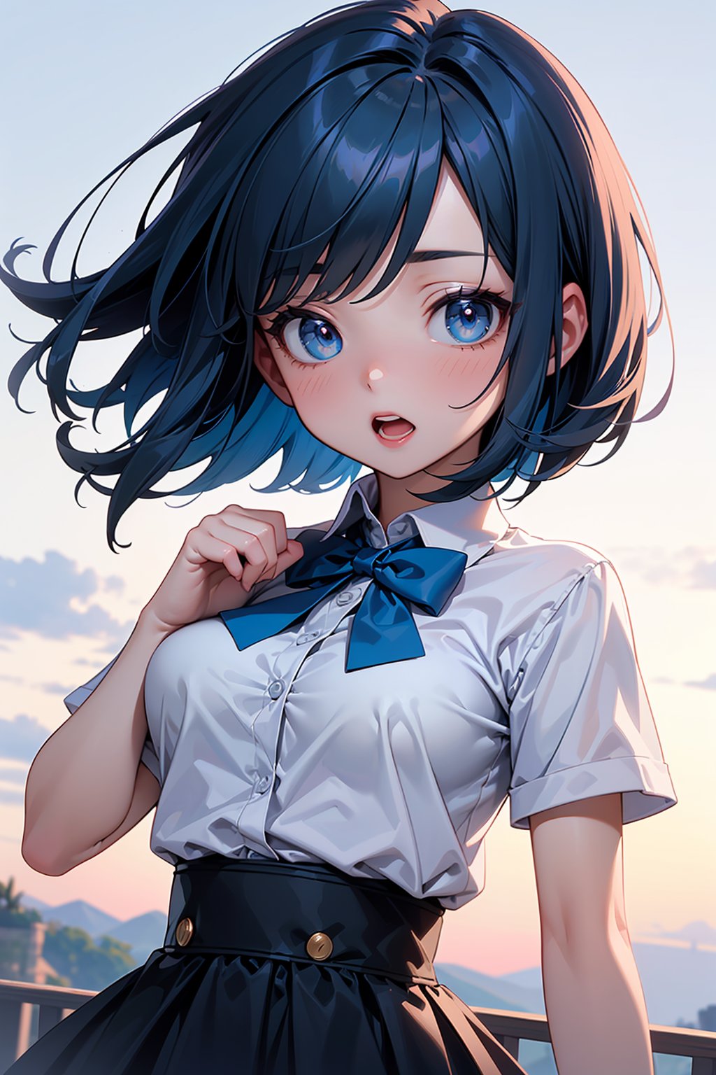 ((masterpiece, best quality, ultra-detailed, very fine 8KCG wallpapers)), 1girl, solo, kawaii, petite, short hair, blue hair, straight hair, blue eyes, white shirt, open mouth, bowtie, large breasts, button gap, blank eyes, blue sky, wind, nice hands, perfect hands,