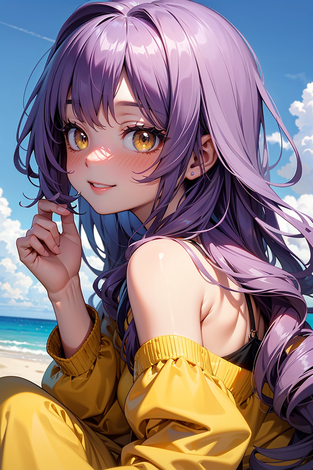 ((masterpiece, best quality, ultra-detailed, very fine 8KCG wallpapers)), 1girl, solo, kawaii, petite, long hair, wavy hair, purple hair, yellow eyes, nose blush, seductive smile, pants, portrait, blue sky, nice hands, perfect hands,