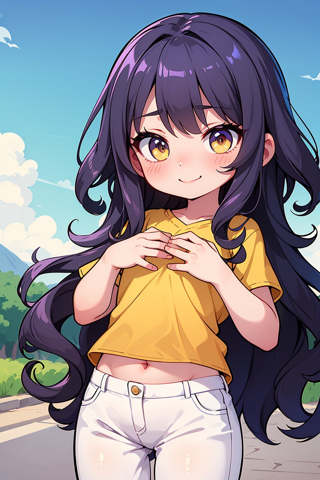 ((masterpiece, best quality, ultra-detailed, very fine 8KCG wallpapers)), 1girl, solo, kawaii, petite, long hair, wavy hair, purple hair, yellow eyes, nose blush, seductive smile, pants, portrait, blue sky, nice hands, perfect hands,