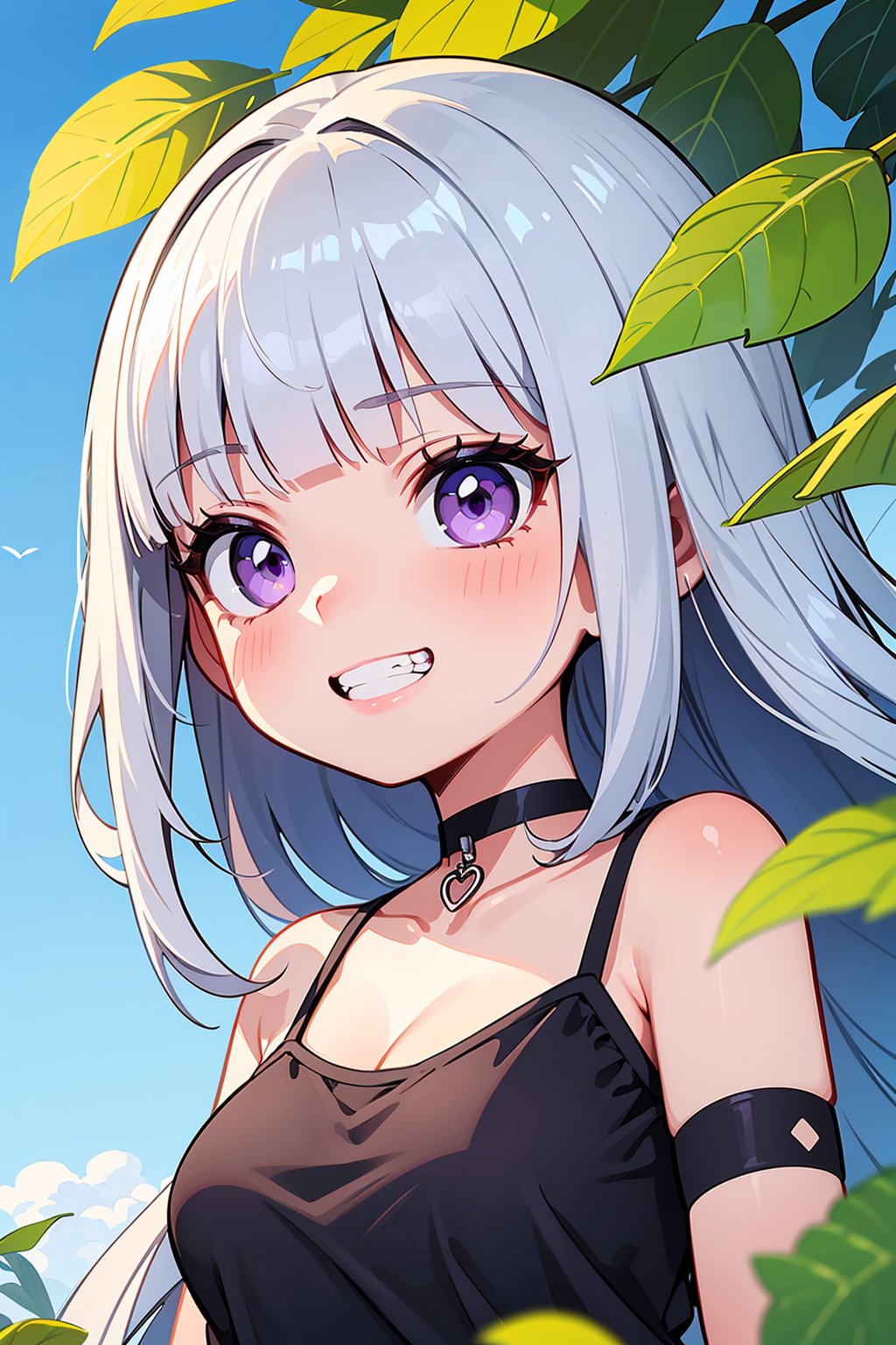 ((masterpiece, best quality, ultra-detailed, very fine 8KCG wallpapers)), 1girl, solo, kawaii, petite, long hair, straight hair, silver hair, purple eyes, blunt bangs, large breasts, black t-shirt, choker, grin, portrait, blue sky, wind, leaf, nice hands, perfect hands,