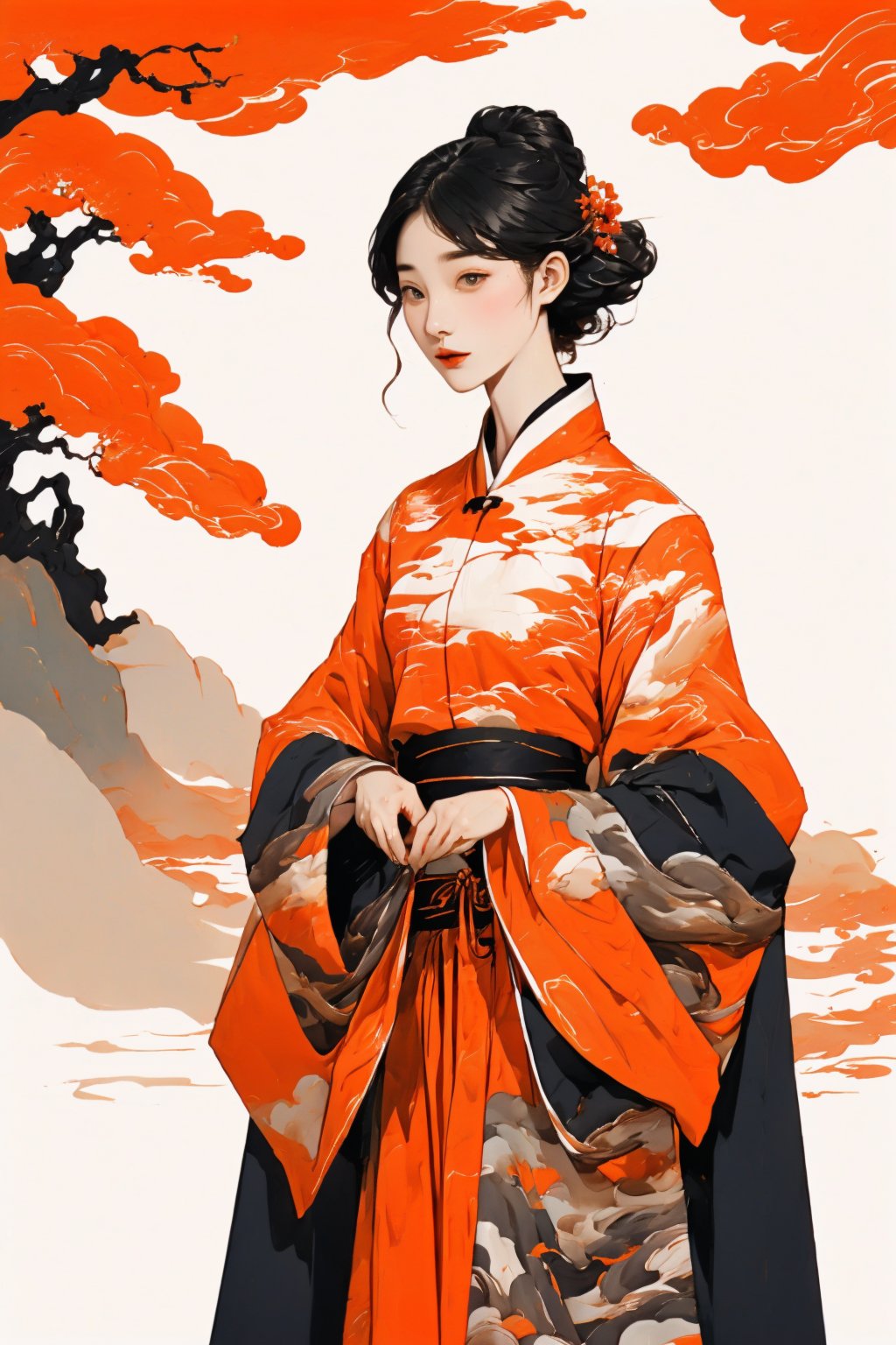  (masterpiece), (best quality),(illustration), ink ,black and white,ink and wash painting,


1girl,solo,hanfu,(detailed white hair:1.3),red eyes,

(plum blossoms),mountain,tree,forest,bird,cloud,




 ,colorful painting, ((chinese colorful ink)), (((Chinese color ink painting style))), 
,ink style, shenhe (genshin impact), chinese clothes, mountain