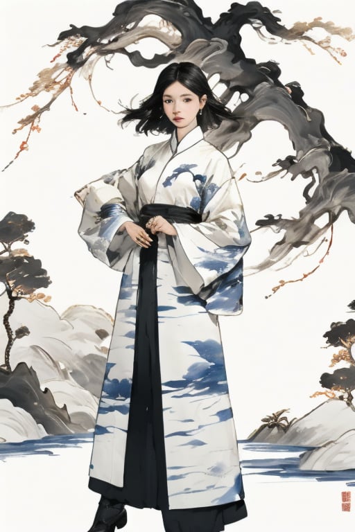  Fashion editorial style a asian girl with hanfu ruqun,Jin style, joint brand, ribbon, Withered leaves, old vines, plant illustration, splash ink,High fashion, trendy, stylish, editorial, magazine style, professional, highly detailed, cinematic lighting, Dramatic lighting, concept art, chinese clothes, mountain