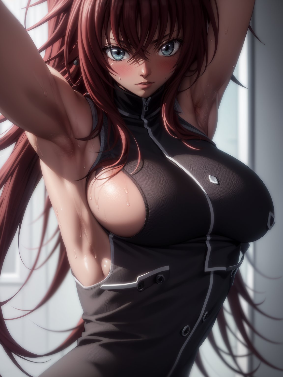 masterpiece, perfect lighting, ultra detailed, 1girl, rias gremory, (((dark skin))), school uniform, sleeveless, one arm raised, close up, detailed hands, (armpits), (((armpit focus))), spread armpit, ((armpit fetish)), armpit crease, ((sweaty armpit)), close up on armpits, looking at viewer, detailed face, blush, 