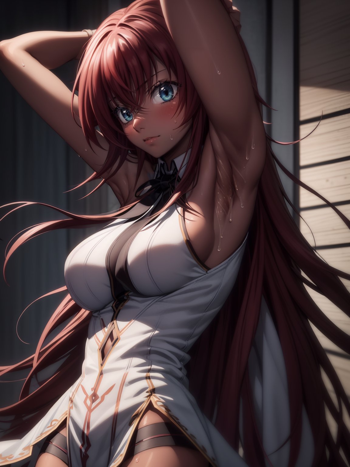 masterpiece, perfect lighting, ultra detailed, 1girl, rias gremory, (((dark skin))), school uniform, sleeveless, one arm raised, close up, detailed hands, (armpits), (((armpit focus))), spread armpit, ((armpit fetish)), armpit crease, ((sweaty armpit)), close up on armpits, looking at viewer, detailed face, blush, 
