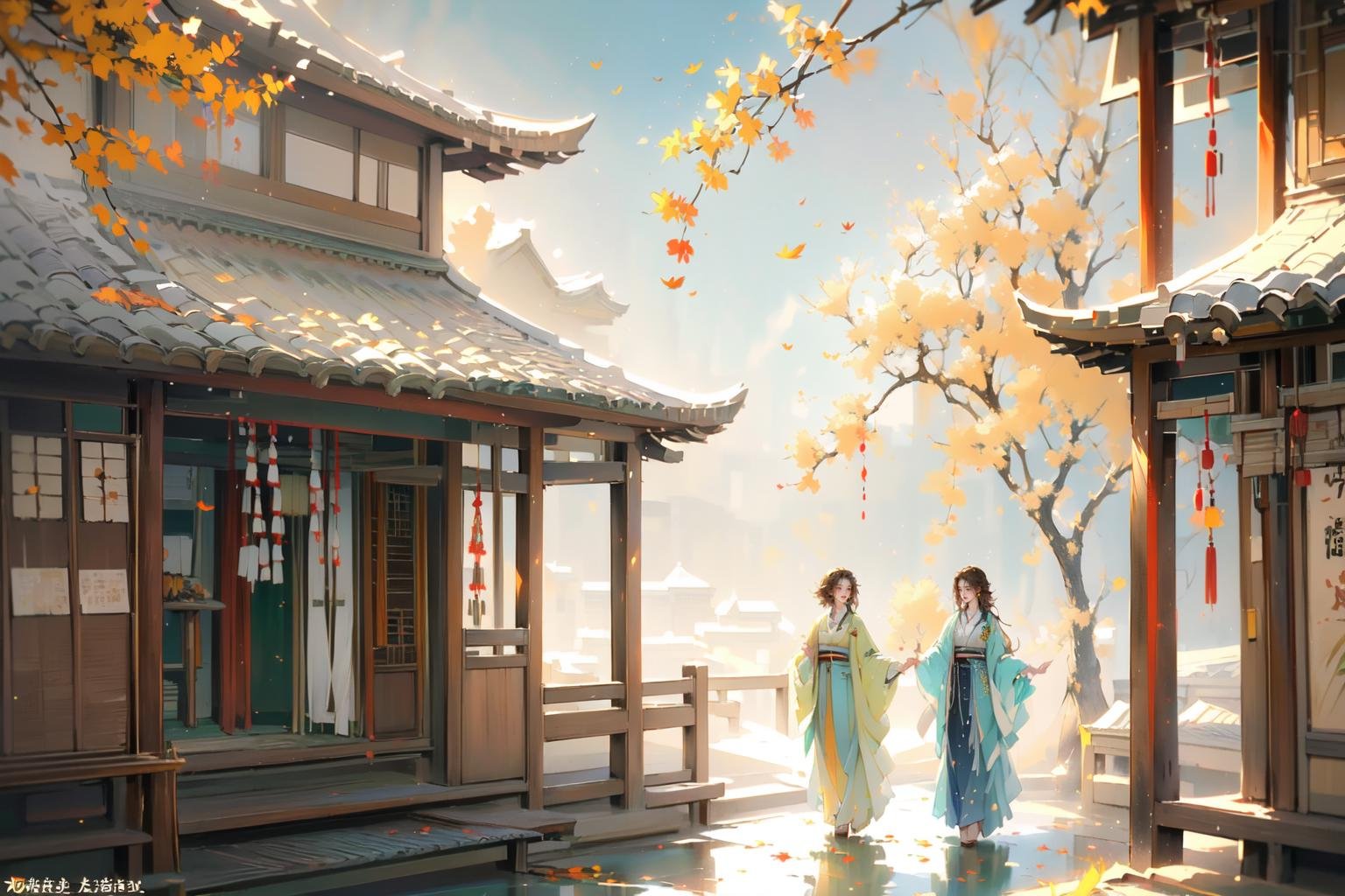 -Hanama wine, 1girl, tree, 1boy, autumn leaves, scenery, architecture, east asian architecture, autumn, outdoors, long hair, leaf, japanese clothes, dress, kimono, green dress, hetero, brown hair, walking, short hair, long sleeves<lora:Hanama wine-000018:0.8>,