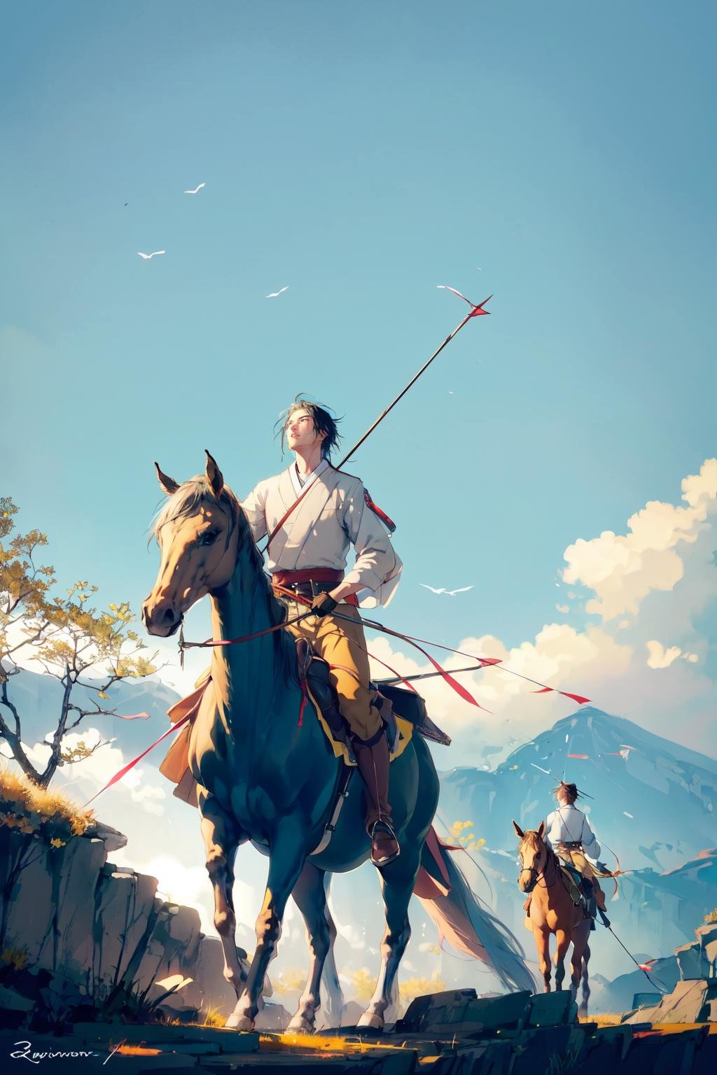 -Hanama wine, riding, horse, bow \(weapon\), horseback riding, holding bow \(weapon\), weapon, holding, multiple boys, day, male focus, holding weapon, outdoors, tree, animal, archery, black hair, arrow \(projectile\), outstretched arm, 3boys, drawing bow, sky, long sleeves, japanese clothes, blue sky, looking away, saddle, ponytail, quiver, 2boys, gloves, holding arrow, pants<lora:Hanama wine-000018:0.8>,