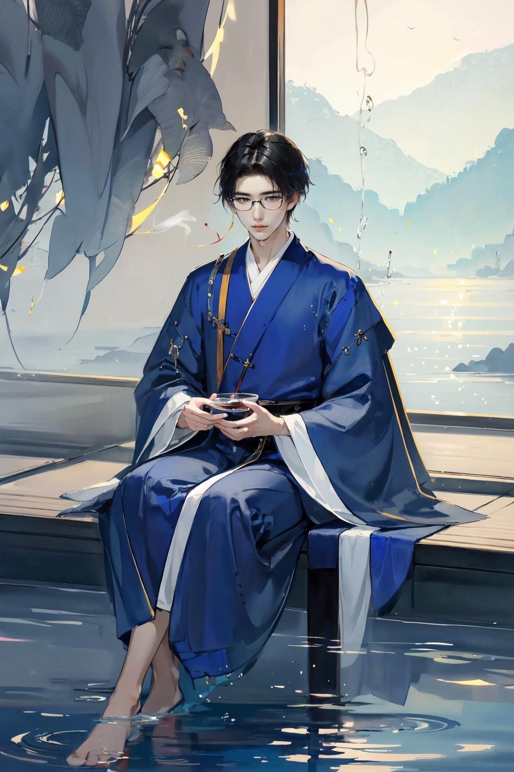 -Hanama wine, 1boy, male focus, black hair, solo, sitting, long sleeves, water, robe, smoking, short hair, ripples, cigarette, glasses, chinese clothes<lora:Hanama wine-000018:0.8>,