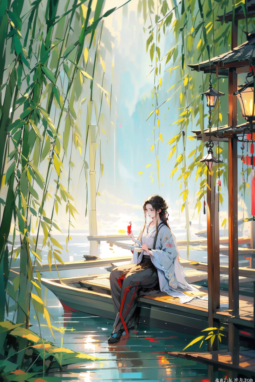 Hanama wine,boat,nature,watercraft,forest,bamboo,lantern,scenery,water,sitting,bamboo forest,outdoors,tree,night,multiple boys,black hair,2boys,long hair,1girl,<lora:Hanama wine-000018:0.8>,