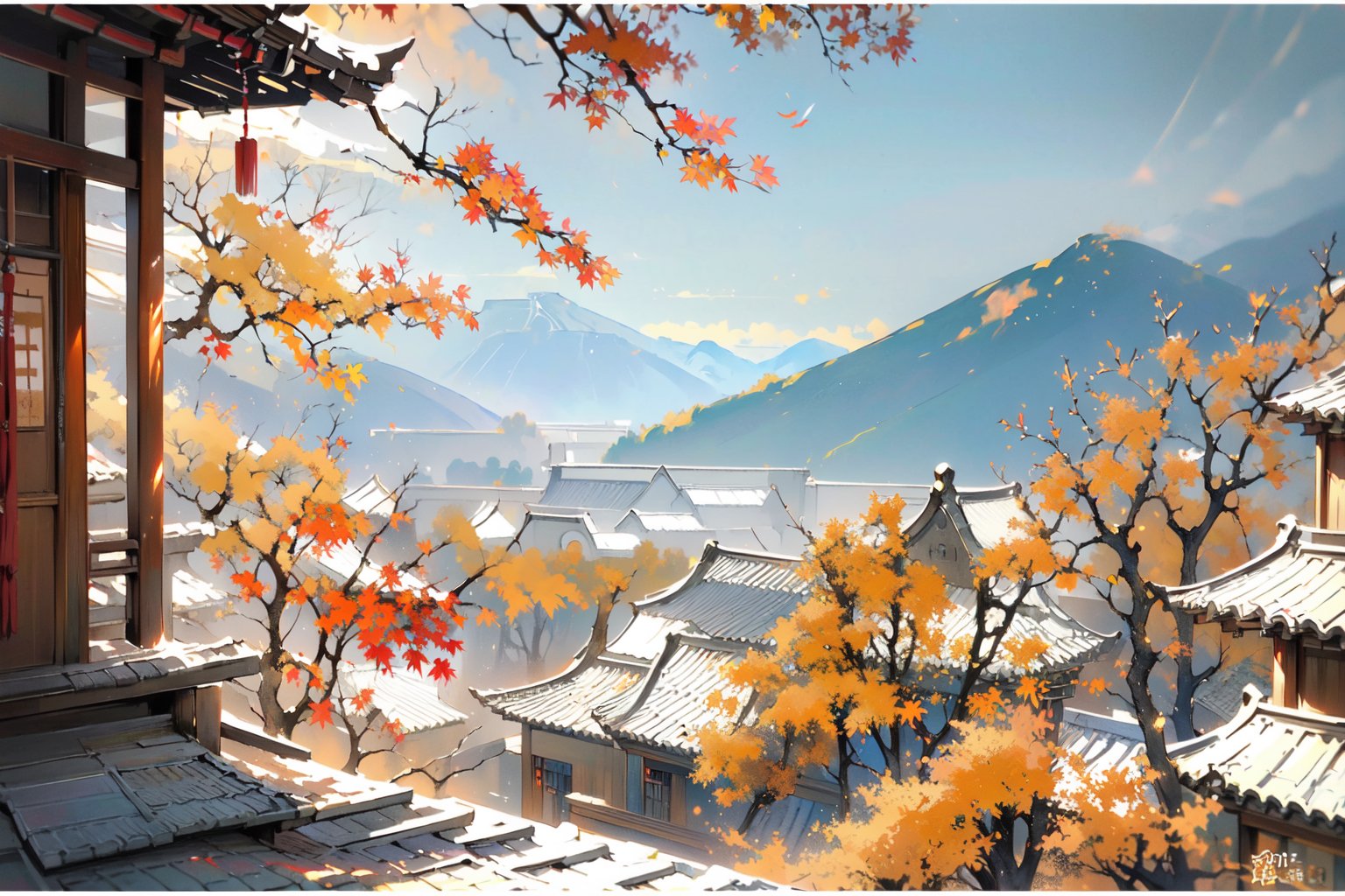 -Hanama wine, scenery, no humans, tree, east asian architecture, architecture, mountain, outdoors, autumn leaves, leaf, sky<lora:Hanama wine-000018:0.8>,