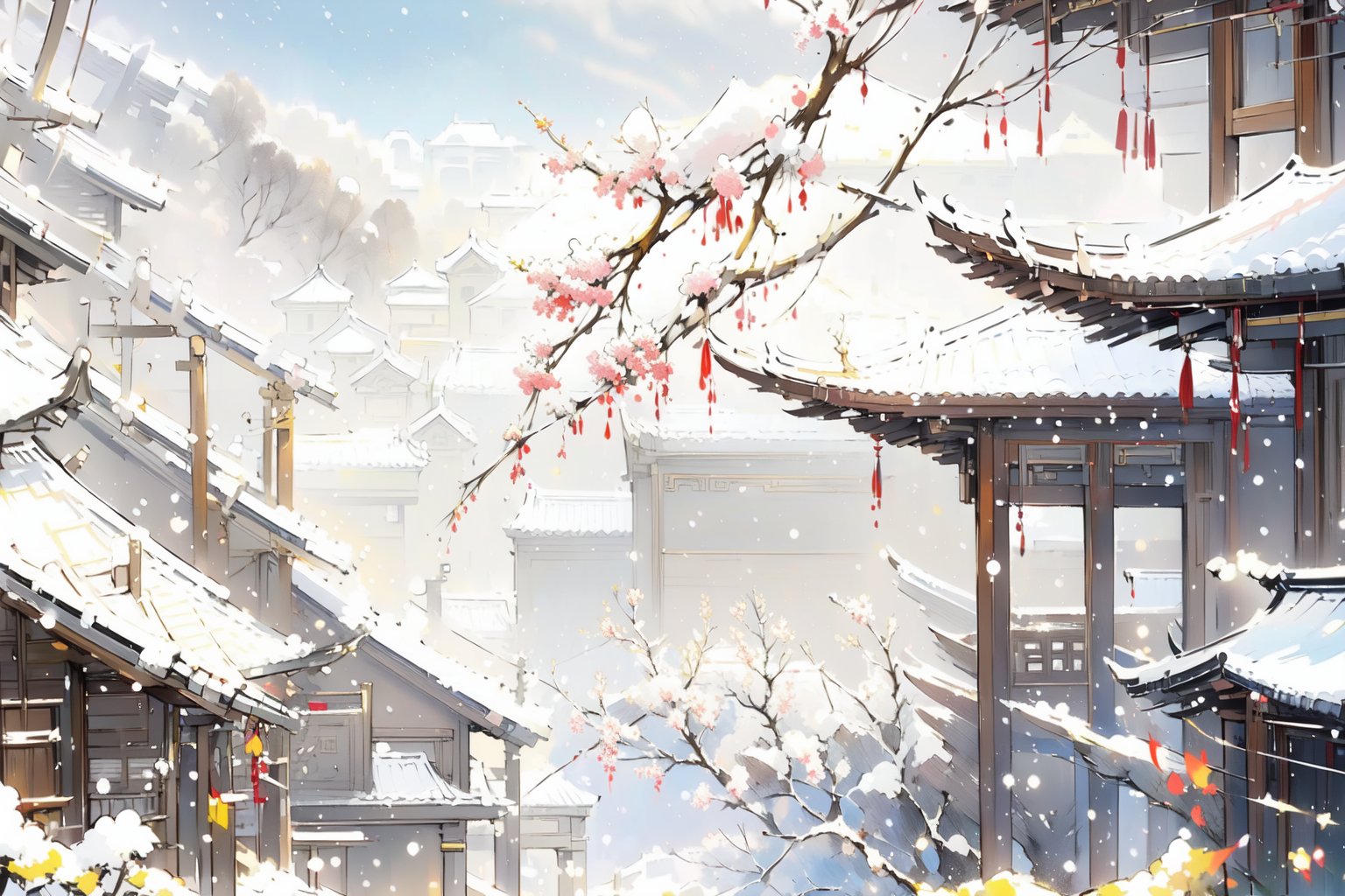 -Hanama wine, no humans, scenery, architecture, east asian architecture, outdoors, tree, snow, cherry blossoms, building, sky, mountain, day, winter<lora:Hanama wine-000018:0.8>,