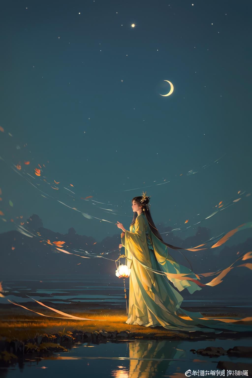 -Hanama wine, 1girl, lantern, long hair, moon, night, sky, solo, crescent moon, hair ornament, water, chinese clothes, weibo logo, dress, black hair, holding, fish, weibo username, night sky, long sleeves, holding lantern, from side, reflection<lora:Hanama wine-000018:0.8>,