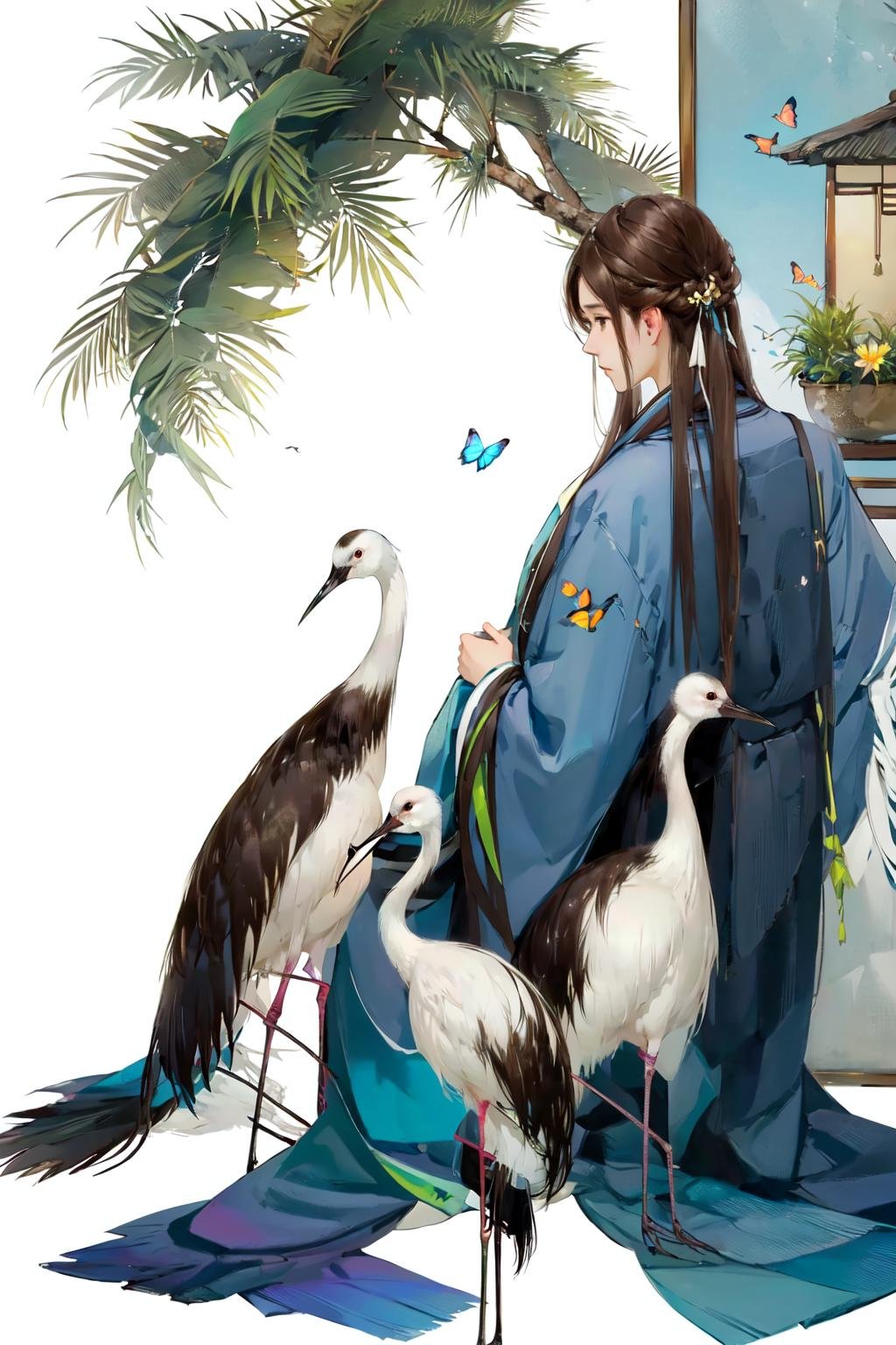 Hanama wine,bird,long hair,bug,crane \(animal\),butterfly,sitting,1boy,facing away,animal,male focus,tree,solo,brown hair,robe,from behind,black hair,long sleeves,very long hair,japanese clothes,half updo,<lora:Hanama wine-000018:0.8>,