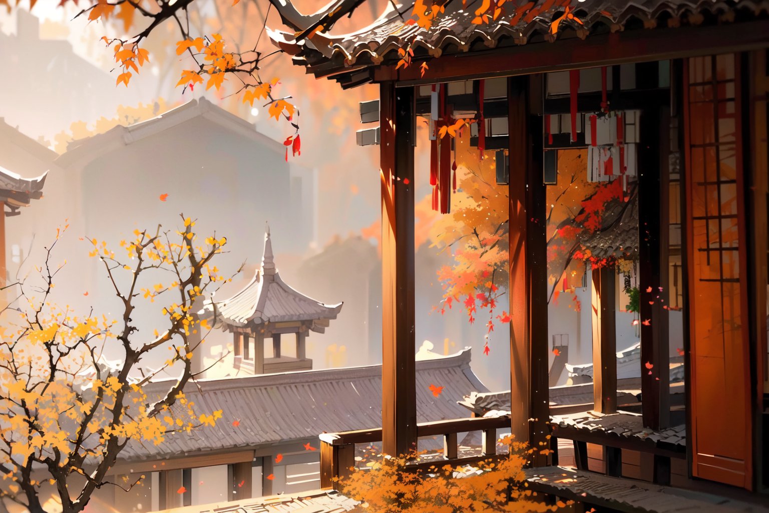 -Hanama wine, tree, leaf, outdoors, autumn leaves, falling leaves, autumn, scenery, solo, 1girl, east asian architecture, architecture<lora:Hanama wine-000018:0.8>,