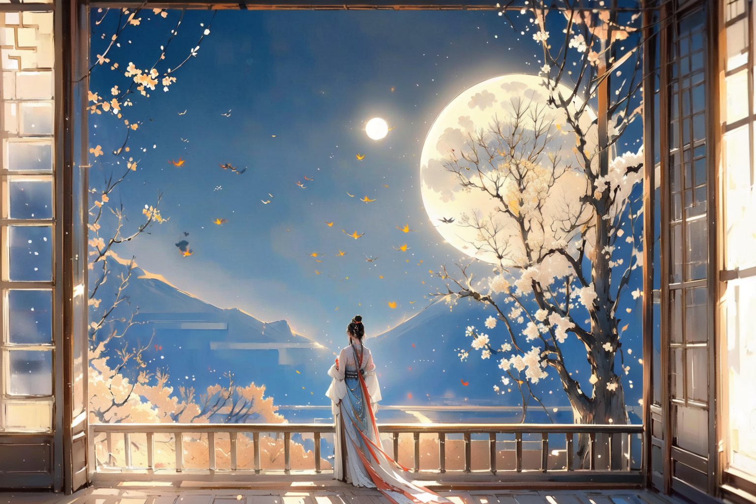 Hanama wine,long hair,black hair,solo,moon,architecture,1girl,from behind,tree,standing,full moon,hair bun,east asian architecture,single hair bun,hanfu,long sleeves,night,sky,railing,traditional media,chinese clothes,scenery,facing away,dress,sliding doors,<lora:Hanama wine-000018:0.8>,