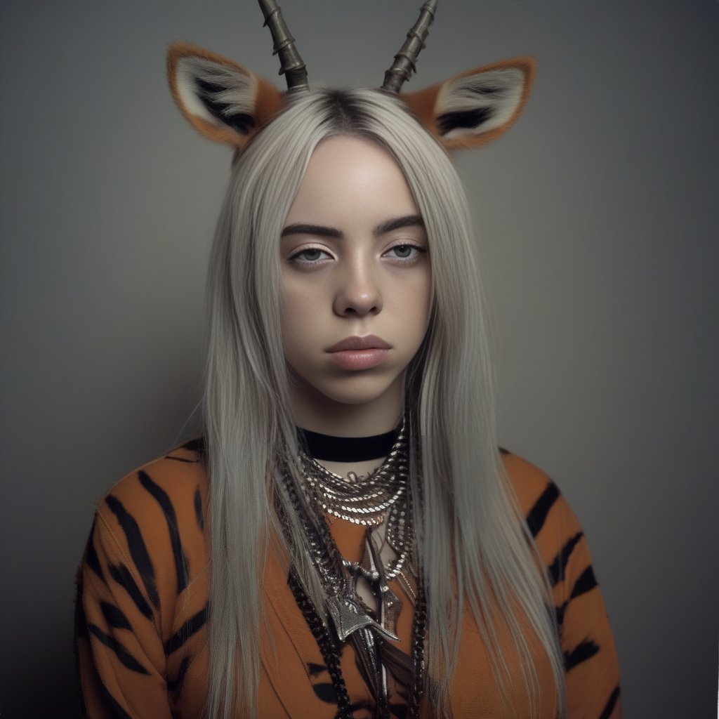 BillieEilish, (art by George Platt Lynes:1.0) ,art by Nicolas Bruno, photograph, Illuminated rotund (Girl:1.2) , wearing Wood clothes with bugles trimmings, Sole Tattoo, Fantasy Face Paint, Thundering zebra print background, Bantu forest, at Dusk, award winning, Tinkercore, film grain, Fujifilm XT3, F/2.8, Cold Colors, most beautiful artwork in the world,  <lora:BillieEilishSDXL:1>