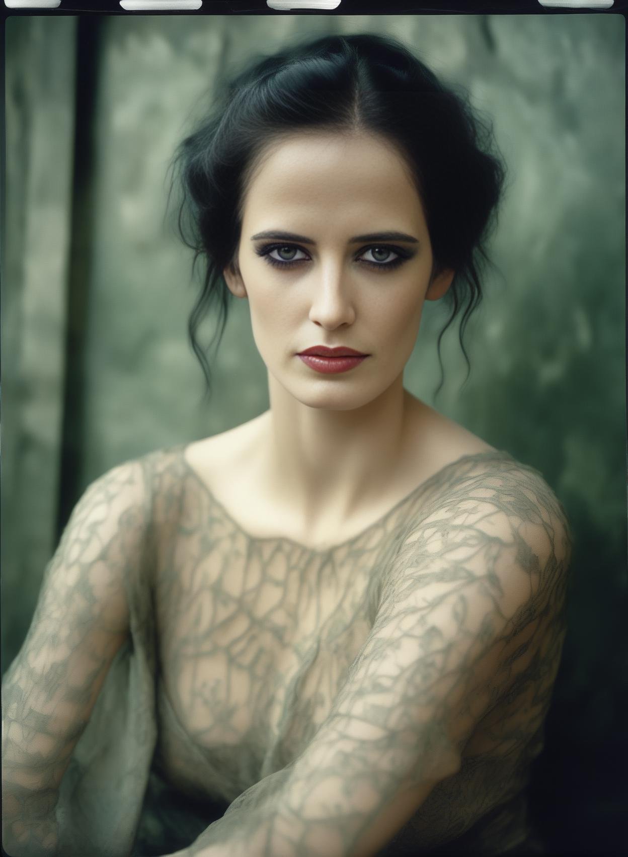 EvaGreen, [art by Jeff Easley,art by Tamura Yoshiyasu:8], photograph, intricate background, Expressive beefy Female, Algerian hair, Surprising, Yuccie Art, film grain, film camera, F/2.8, Lomography,  <lora:EvaGreenSDXL:1>