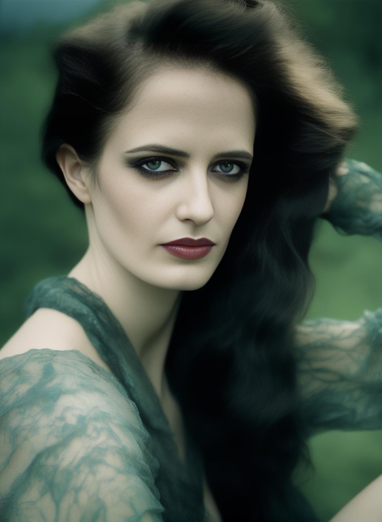 EvaGreen, art by Adonna Khare, photograph, Compelling Bosnian Woman, Major, fashion modeling pose, Indirect light, film grain, Kodak portra 400, F/1.8, anaglyph effect,  <lora:EvaGreenSDXL:1>