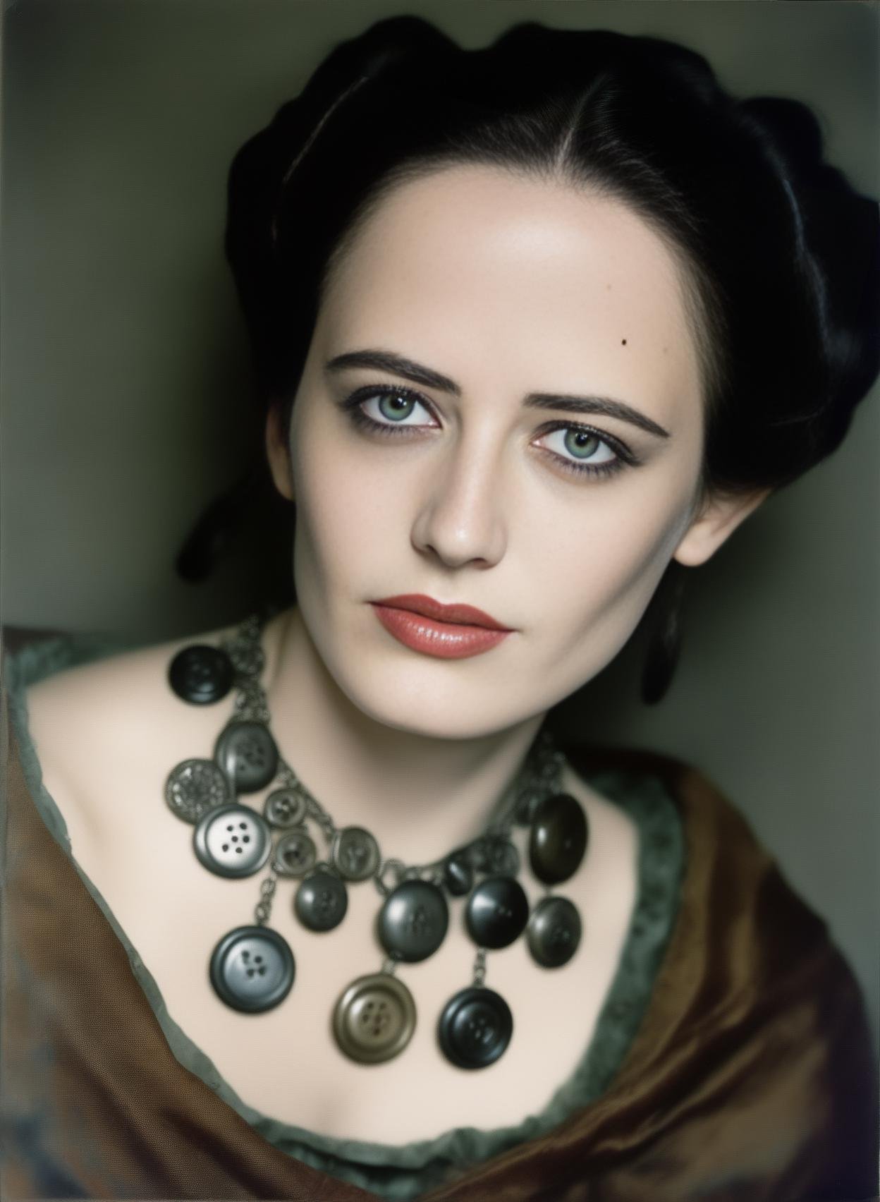 EvaGreen, photograph, Affectionate Medieval Girl, Injured Buttons, Necklace, Circle Beard, soft focus, film grain, Fuji superia 400, F/14, (art by Kanzan Shimomura:1.2) ,art by Francisco de Zurbaran,  <lora:EvaGreenSDXL:1>