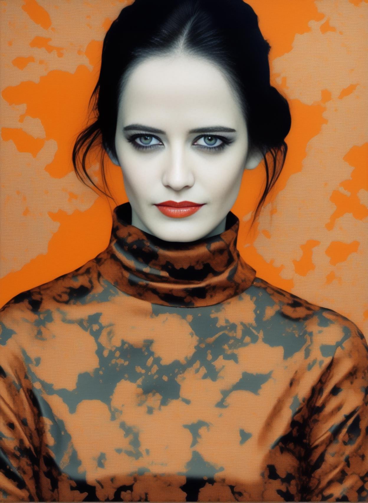 EvaGreen, (art by Ikenaga Yasunari:0.8) , photograph, Sophisticated Girl, Neo-Expressionism, film grain, Ilford HP5, F/8, dark orange and fluorescent orange flakes, rich color, adobe lightroom, highly detailed,  <lora:EvaGreenSDXL:1>