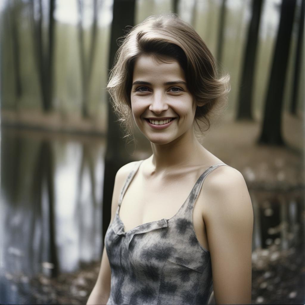 CobieSmulders,<lora:CobieSmuldersSDXL:1>photograph, [woods|pond], elegant, Deformed Girl, Smiling, film grain, Canon R5, 80mm, 64K, (art by Miroslav Tichý:0.7) 