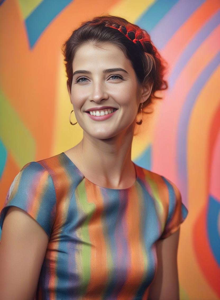 CobieSmulders, [ (art by Ruth Orkin:0.9) , (art by Louis Faurer:0.8) ::19], photograph, Ukrainian Girl, Dutch braid hair, Smiling, soft light, Canon 5d mark 4, L USM, psychedelic colors,  <lora:CobieSmuldersSDXL:1>