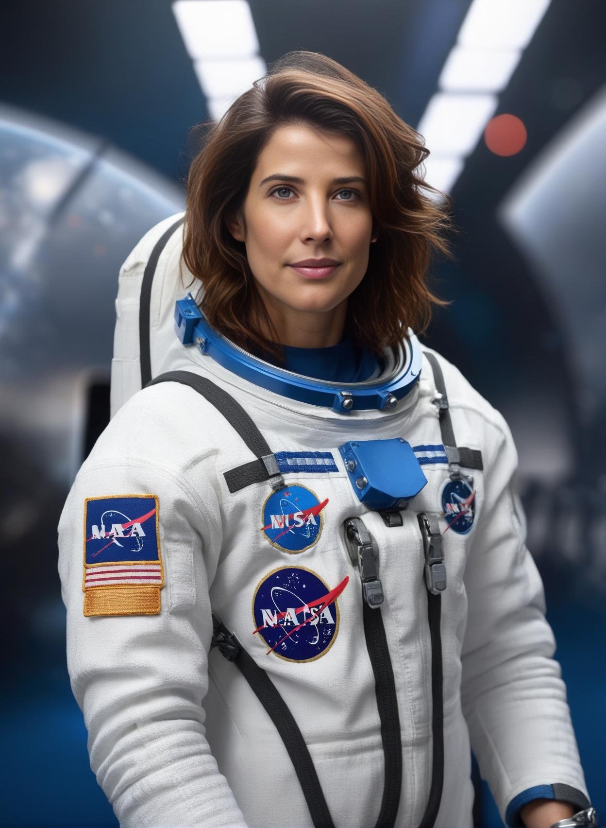 CobieSmulders,<lora:CobieSmuldersSDXL:1>,photo,detailed background, stunning beauty, high quality photo, perfect composition, perfect details and textures, highly detailed, front view, looking at camera, perfect lighting, with an astronaut suit in the space station