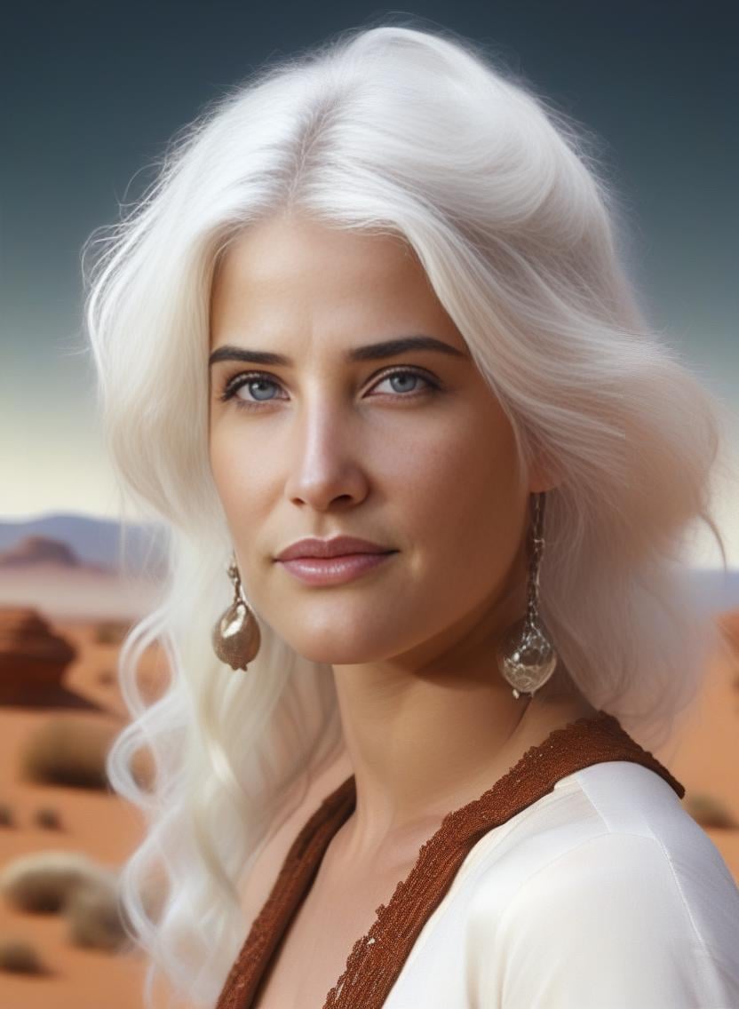 CobieSmulders, portrait,close up of a Arcane Ugly (Female:1.1) , wearing Alhambresque Alabaster Rust Bell-bottoms, White hair, [Grand|Affectionate] Half-up half-down hairstyle, Desert in background, Sun in the sky, Masterpiece, Nanopunk, Starlight, art by Fernand Fonssagrives,  <lora:CobieSmuldersSDXL:1>