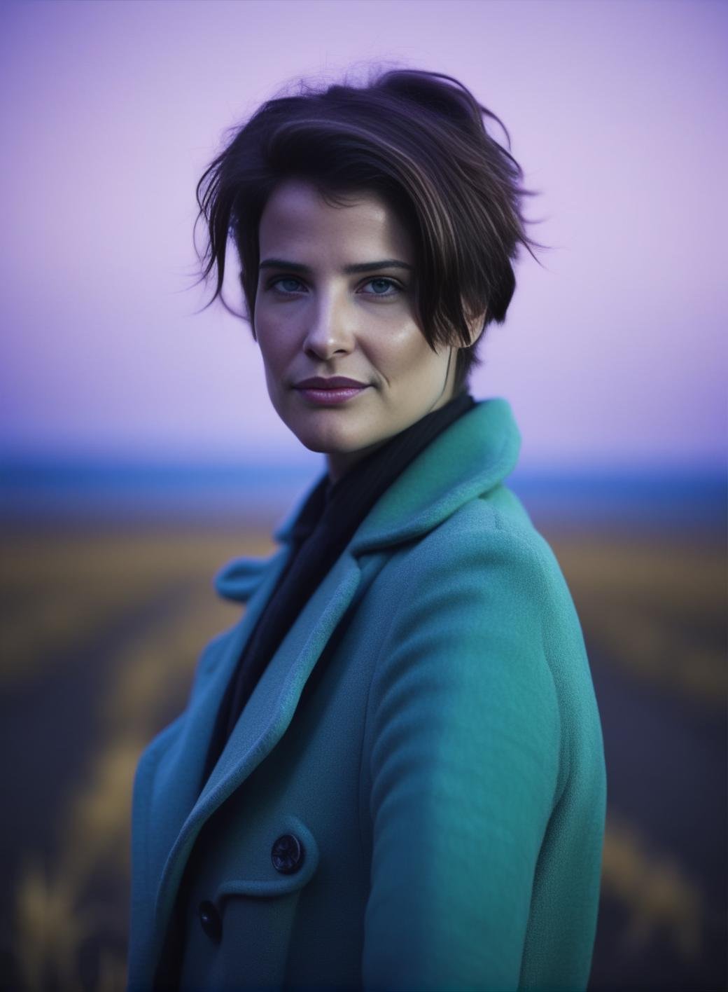 CobieSmulders,<lora:CobieSmuldersSDXL:1>photograph, Apocalyptic Sami Female, wearing Varied Overcoat, Short hair, Smirking, Decopunk, spotlight, film grain, Sony A7, Depth of field 100mm, dripping Lavender and Cyan, blended visuals, 