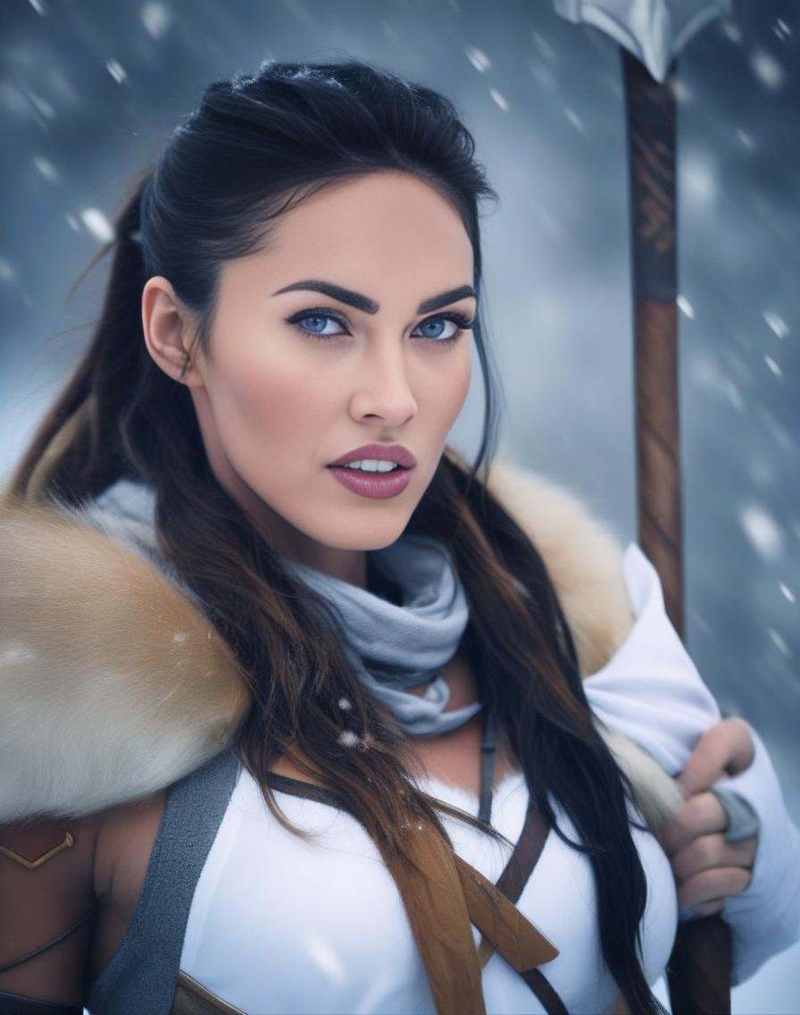 MeganFox,<lora:MeganFoxSDXL:1> photograph, Compelling athletic Female cosplaying as Freyja, Snowing, Iphone X, Low shutter