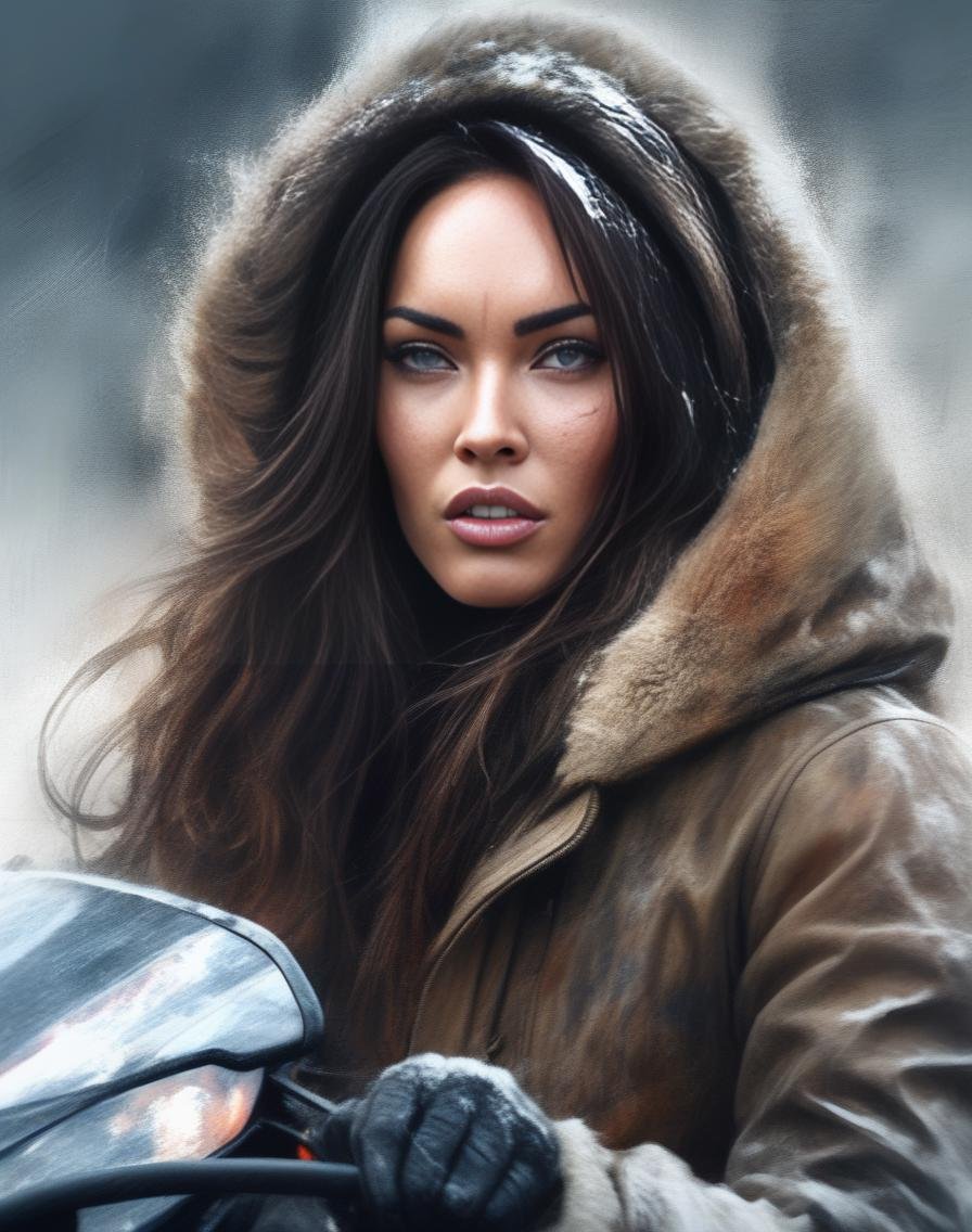 MeganFox, (art by Stefan Gesell:0.8) , portrait, intricate details,close up of a Cloudy Thought-Provoking Female driving a Snowmobile, Pathetic hair, at Golden hour, tilt shift, Rough sketch, F/2.8, expressive brush strokes,  <lora:MeganFoxSDXL:1>