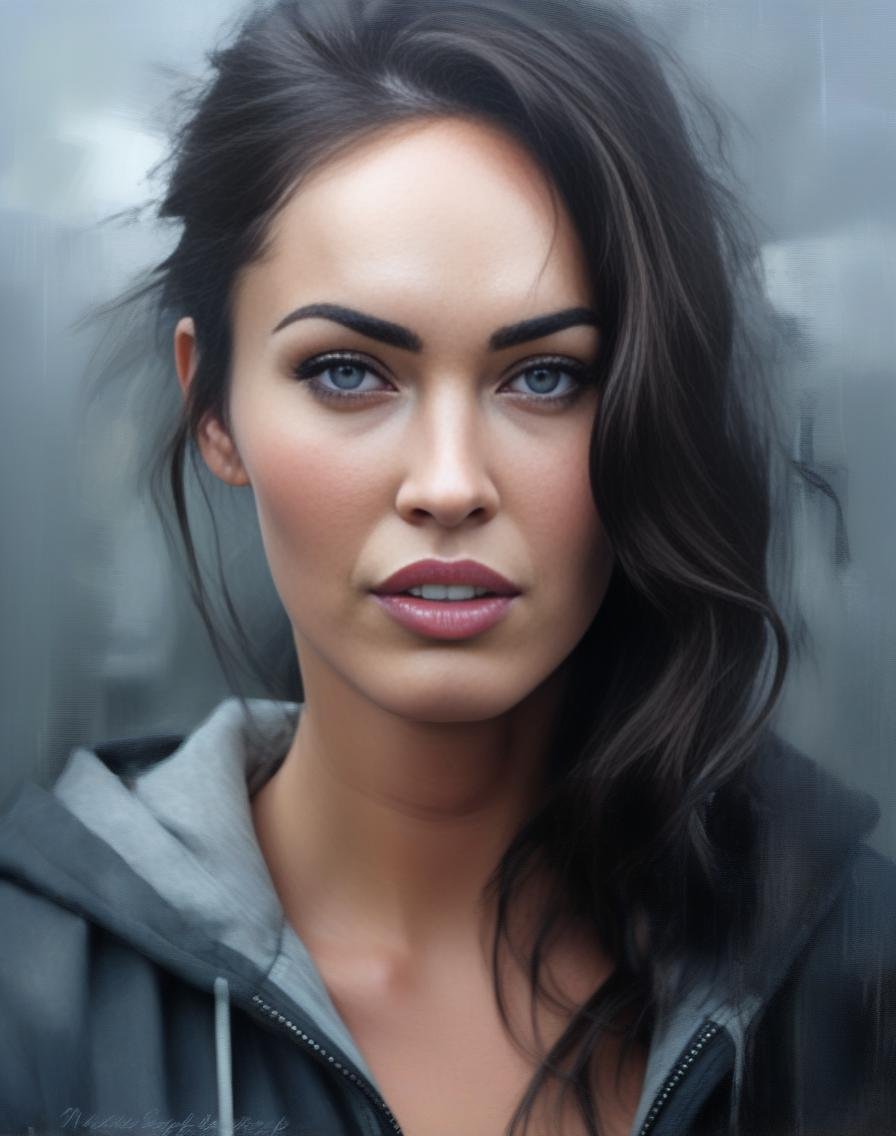 MeganFox, art by Helene Schjerfbeck, portrait,close up of a Interesting [Supple|Voluminous] High-Tech Female, Composing music, wearing German Jeggings, Stormy weather, Ultra Real, Shameless, octane engine, High quality,  <lora:MeganFoxSDXL:1>