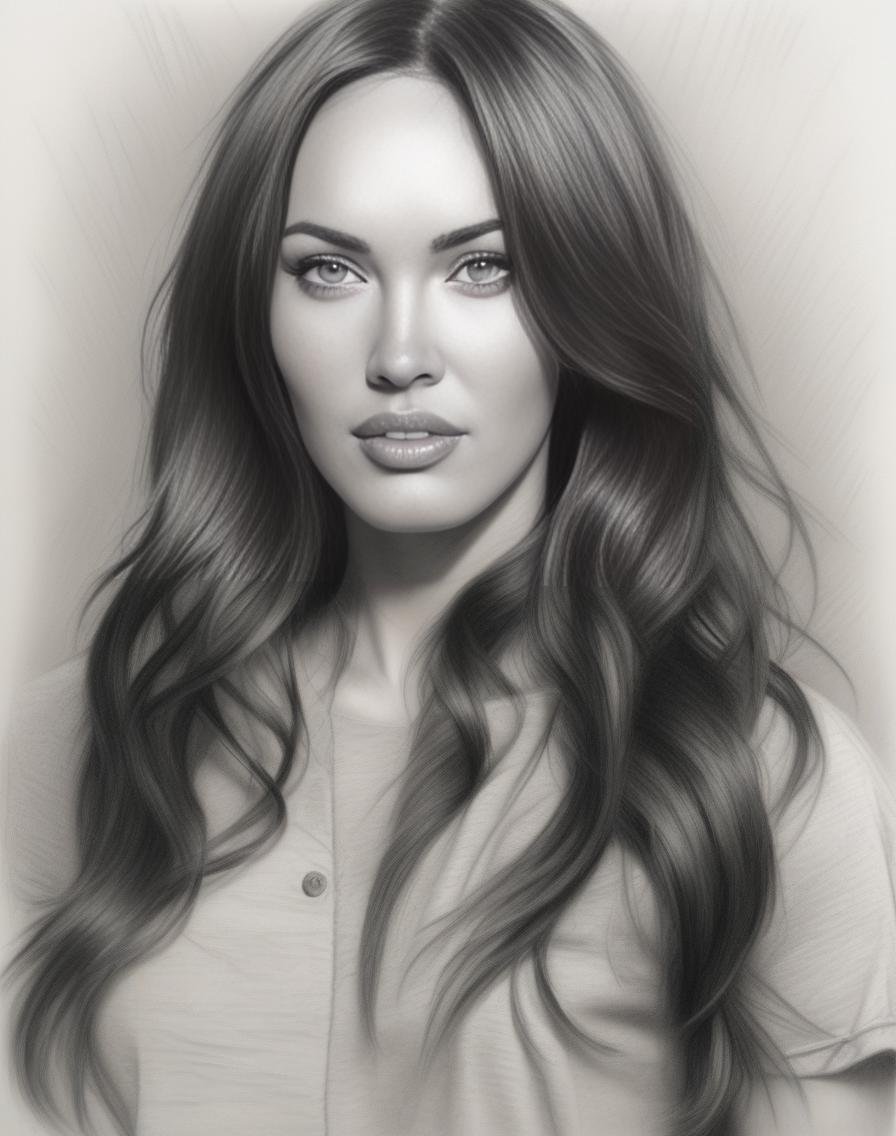 MeganFox,<lora:MeganFoxSDXL:1>, sketching on ivory paper with charcoal pencil, in the style of realistic hyper-detailed portraits, digital airbrushing, monochrome , commission for, i can't believe how beautiful this is
