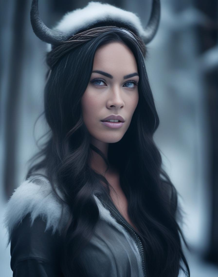 MeganFox, portrait,close up of a [Jagged:Angelic:16] flyweight Woman, wearing Eerie Polyurethane Overall, Viking hair, Angelic Halo, background is [Banff National Park|Thailand], Ridiculous woods, Winter, deep focus, Realistic, Evil, Monochrome,  <lora:MeganFoxSDXL:1>