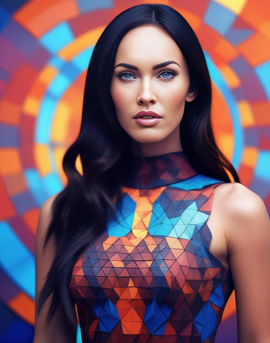 MeganFox,<lora:MeganFoxSDXL:1>, cinematic photo (full-body:1.85) A futuristic portrait of a beautiful young woman on a simple paper studio background with a strong colourful intricate circular geometrical pattern, geometrical makeup, (highly detailed skin texture:1.6), pores, high contrast . 35mm photograph, film, bokeh, professional, 4k, highly detailed