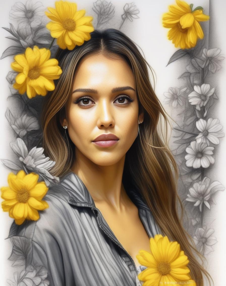 JessicaAlba,<lora:JessicaAlbaSDXL:1>Girl with beautiful sad eyes on the background of flowering garden. earthy tone and yellow colors (glamour by Dior). Hyperrealistic, real, art, photography, realistic, masterpieces, high quality, best quality, official art, beautiful, aesthetic, highly detailed, intricate, sharp focus, digital art, [style by Luis Royo and Fabian Perez], fine charcoal , pencil sketch, stencil layered resin, 16k, UHD, HDR, (Masterpiece: 1. 5), (best quality: 1. 5)