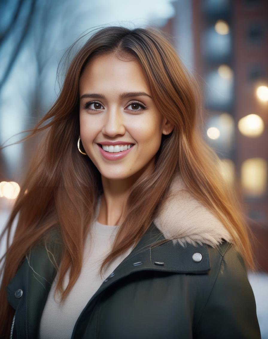 JessicaAlba,<lora:JessicaAlbaSDXL:1>, cinematic photo (art by Mathias Goeritz:0.9) , photograph, Lush Girlfriend, looking at the camera smiling, Rich ginger hair, Winter, tilt shift, Horror, specular lighting, film grain, Samsung Galaxy, F/5, (cinematic still:1.2), freckles . 35mm photograph, film, bokeh, professional, 4k, highly detailed