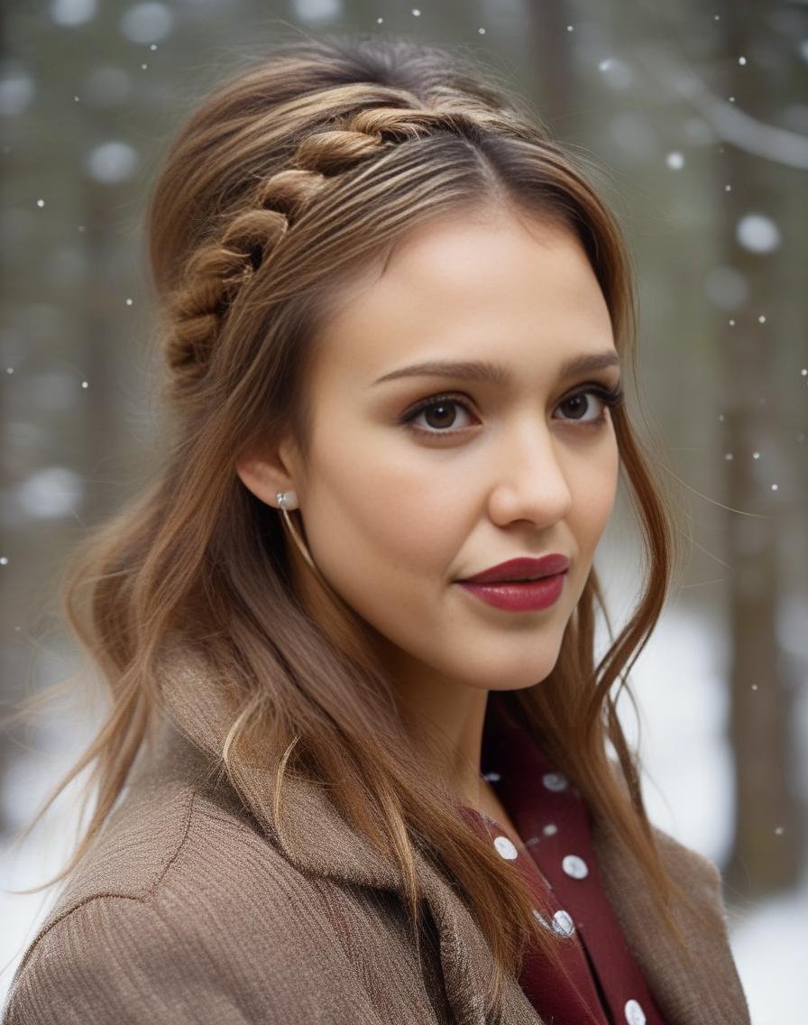 JessicaAlba, (art by Kurt Schwitters:1.3) , photograph, Affectionate Female, Watchmaker, Chestnut hair styled as Braided half-up half-down, dark red woods, Snowing, ultrafine detailed, Sun Rays, film grain, Kodak gold 200, L USM,  <lora:JessicaAlbaSDXL:1>