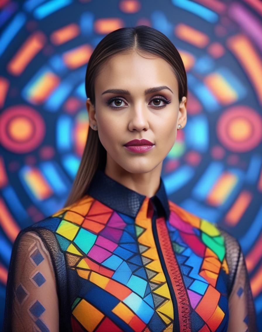 JessicaAlba,<lora:JessicaAlbaSDXL:1>, cinematic photo (full-body:1.85) A futuristic portrait of a beautiful young woman on a simple paper studio background with a strong colourful intricate circular geometrical pattern, geometrical makeup, (highly detailed skin texture:1.6), pores, high contrast . 35mm photograph, film, bokeh, professional, 4k, highly detailed