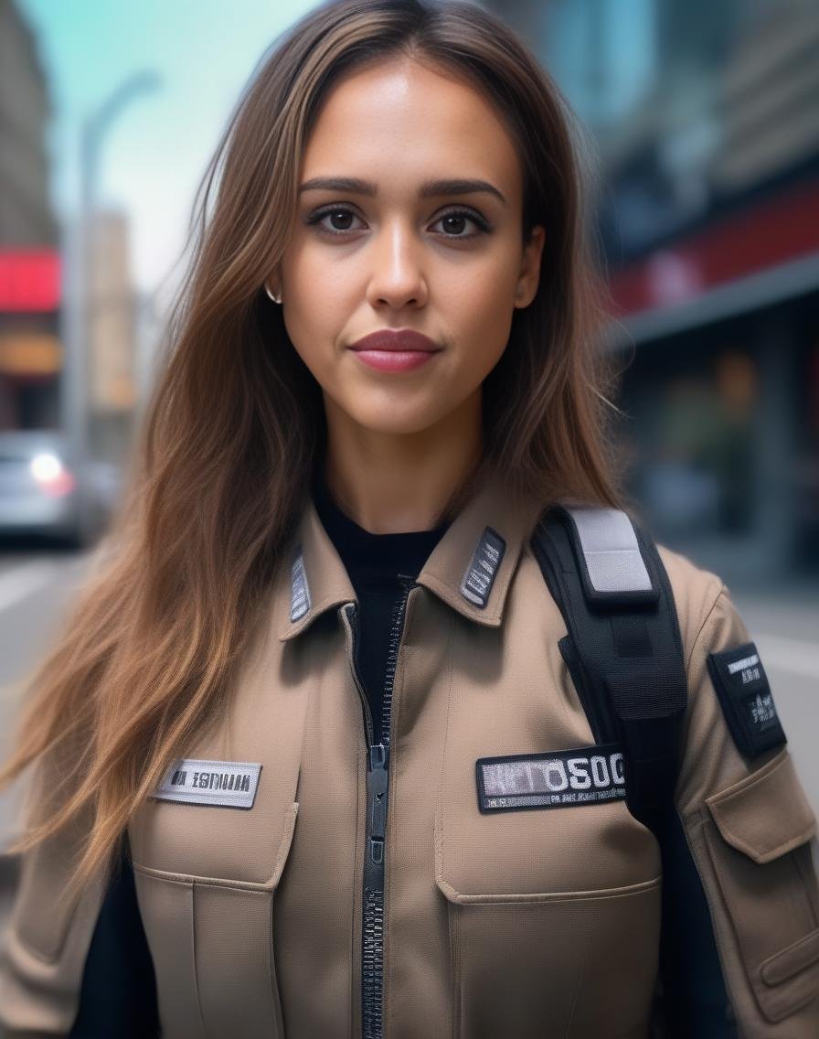 JessicaAlba,<lora:JessicaAlbaSDXL:1> (8k, RAW photo, best quality, masterpiece:1.2), (realistic, photo-realistic:1.37), ultra highres, depth of field, chromatic aberration, caustics, Broad lighting, natural shading,Fujifilm XT3,ultra detailed,cyberpunk uniform,1girl, solo,standing, looking at viewer, outdoors,street