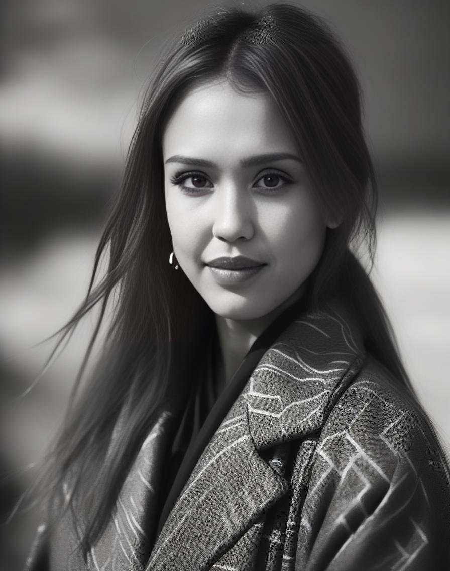 JessicaAlba, art by Eiichiro Oda, photograph, Qin Dynasty Girl, Knight, wearing Dynamic Overcoat, soft focus, New Wave Art, side light, film grain, Ilford HP5, Selective focus, Primary Colors, DayGlo details,  <lora:JessicaAlbaSDXL:1>