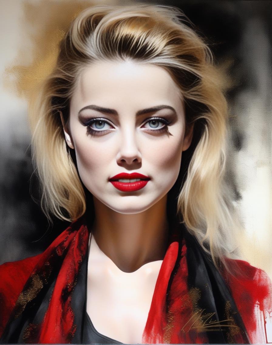 AmberHeard,<lora:AmberHeardSDXL:1>breathtaking portrait of a gorgeous girl, sultry, red scarf, dark gold and black, gossamer fabrics, jagged edges, eye-catching detail, insanely intricate, vibrant light and shadow , beauty, paintings on panel, textured background, captivating, stencil art, style of oil painting, modern ink, watercolor , brush strokes, negative white space