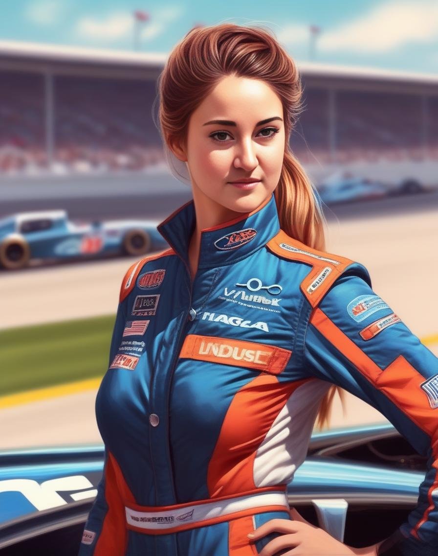 ShaileneWoodley,<lora:ShaileneWoodleySDXL:1> perfect anime illustration, 1girl, braided hair, medium hair, medium breasts, sidehair, racecar driver, ((firesuit, race track, car)), nascar, f1, indycar, (outdoors, speedway, track), standing next to a racing vehicle, hand on hip, good posture, looking at viewer. created by Artgerm, volumetric lighting, 8k, hdr, holga, 300mm lens f3. 5, aesthetic, unsharpened