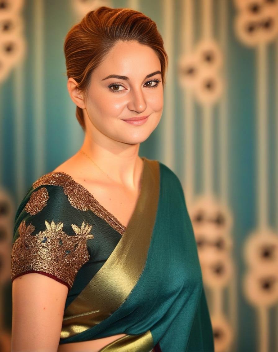 ShaileneWoodley,<lora:ShaileneWoodleySDXL:1>,woman wearing saree, background blur, portrait