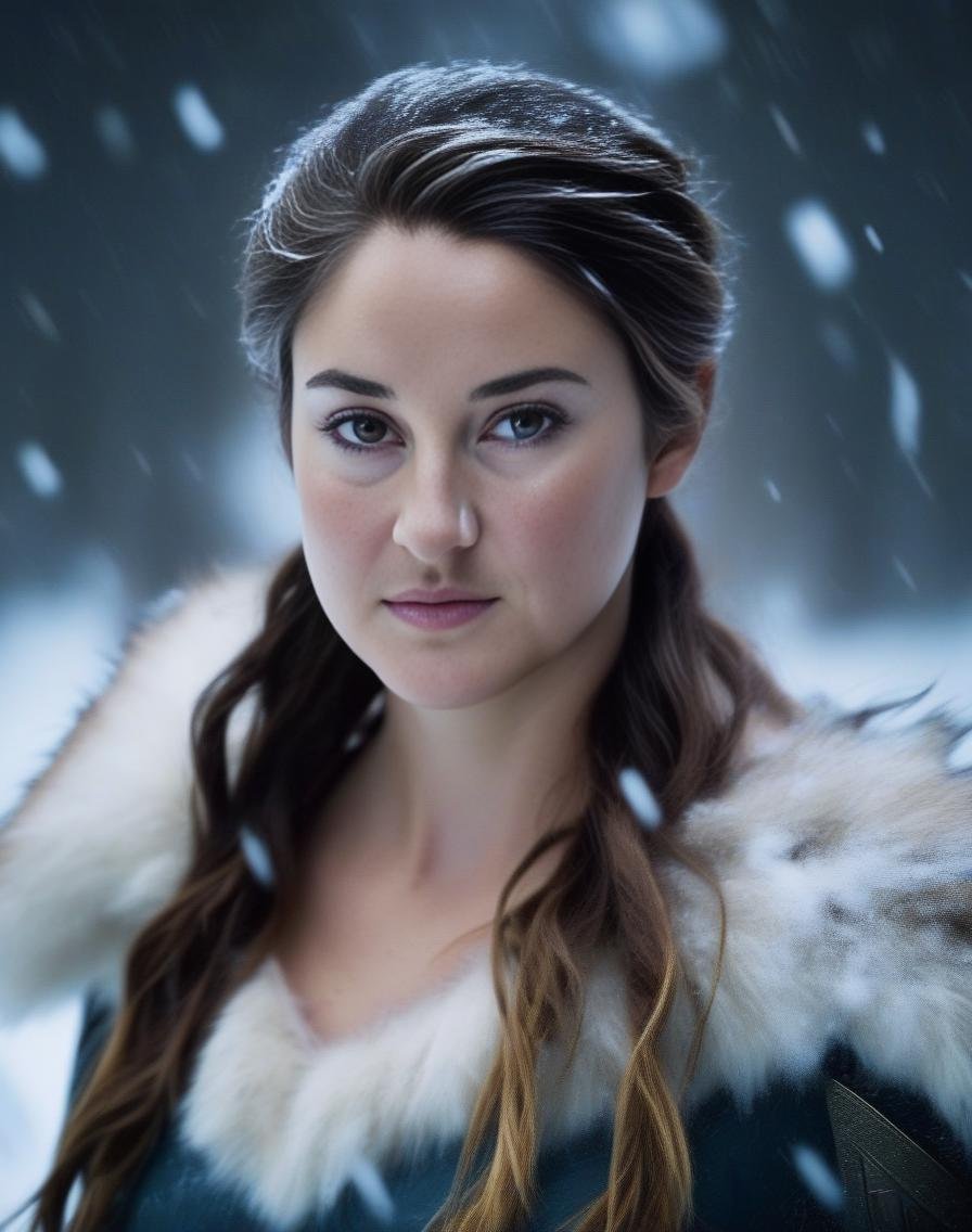 ShaileneWoodley,<lora:ShaileneWoodleySDXL:1> photograph, Compelling athletic Female cosplaying as Freyja, Snowing, Iphone X, Low shutter