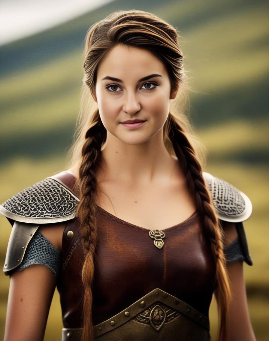 ShaileneWoodley,<lora:ShaileneWoodleySDXL:1>,photo of a gorgeous woman), (professional photography), (scenic background), ((as a viking warrior woman)), ((close-up)), masterpiece, best quality, (eye contact), (looking at the viewer), centred, (shot from front), blurred_background, proportional